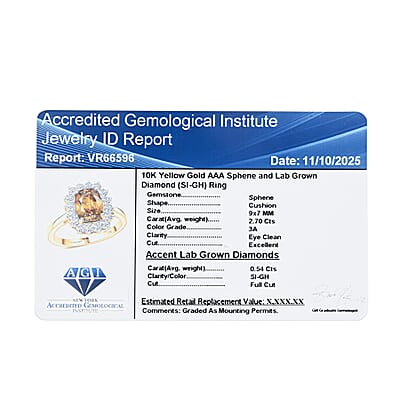 Certified & Appraised AAA Platinum Sphene and Luxuriant Lab Grown Diamond G-H SI 3.24 ctw Ring in 10K Yellow Gold (Size 10.0)