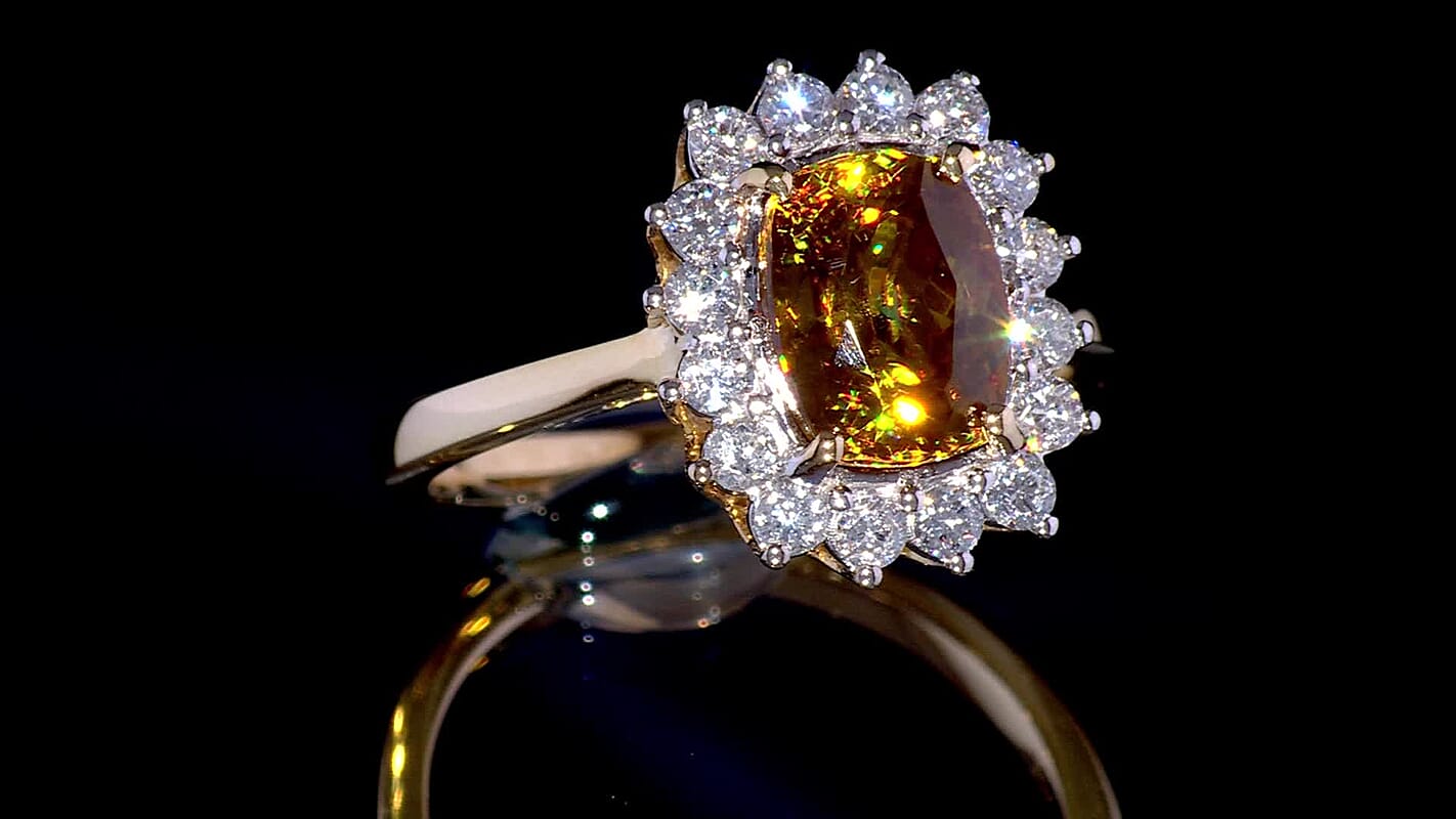 Certified & Appraised AAA Platinum Sphene and Luxuriant Lab Grown Diamond G-H SI 3.24 ctw Ring in 10K Yellow Gold (Size 8.5)