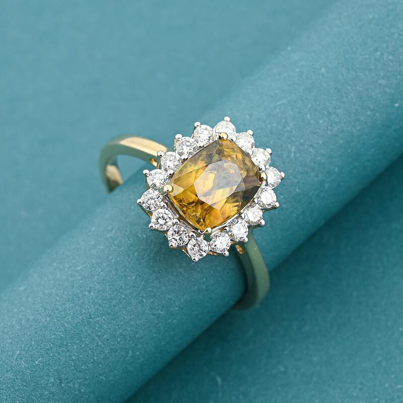 Certified & Appraised AAA Platinum Sphene and Luxuriant Lab Grown Diamond G-H SI 3.24 ctw Ring in 10K Yellow Gold (Size 9.5)