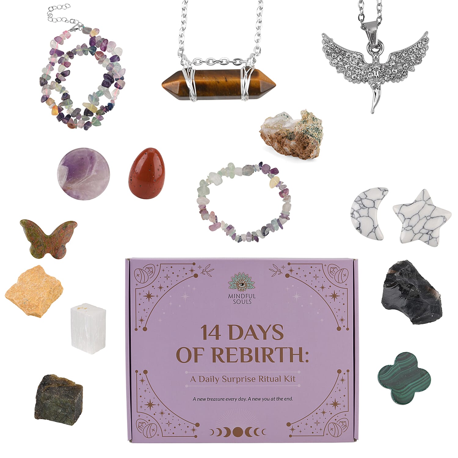 14pcs Easter box1pc Selenite Raw Stone Size: about 3cm X 1.5cmWeight: about 18grams1pc Star + 1pc Moon Size: about 20 X 20 X 6mmWeight: Star is 3gMoon is 1.6gm1pc tiny amethyst palm round stoneSize: about 1.6-2.0cm, thickness 0.6-0.7cmWeight: ab