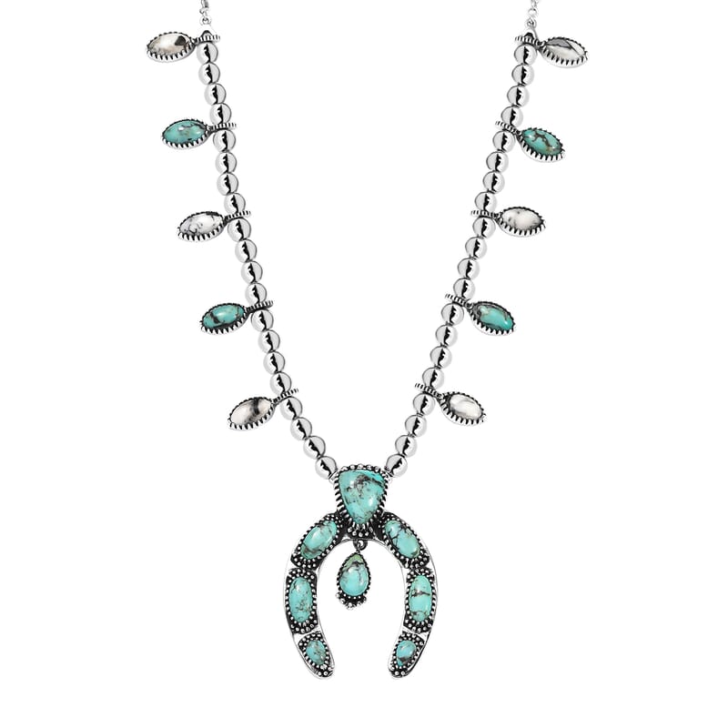 D'Joy Artisan Crafted Premium Blue Moon Turquoise and White Buffalo 21.40 ctw Squash Blossom Necklace in Sterling Silver 18-20 Inches