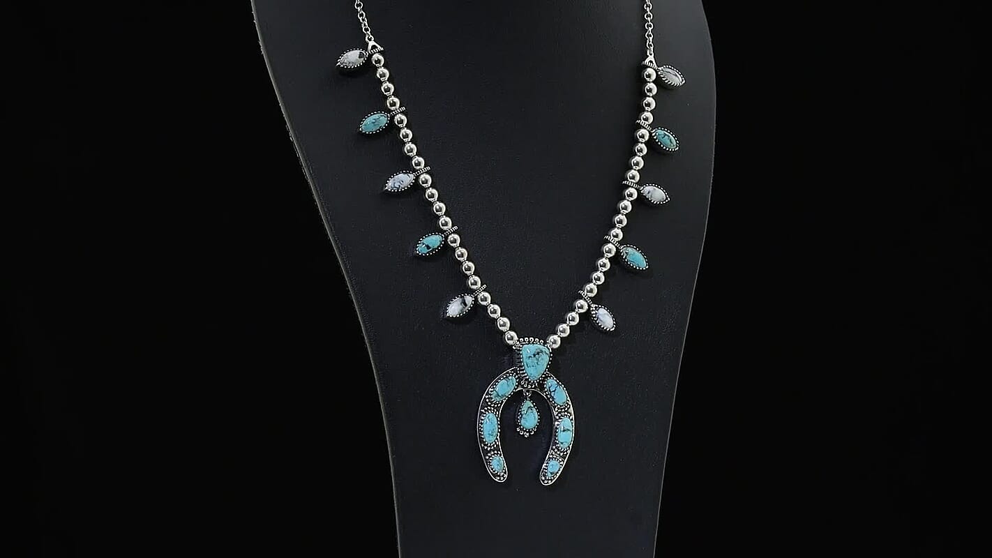 D'Joy Artisan Crafted Premium Blue Moon Turquoise and White Buffalo 21.40 ctw Squash Blossom Necklace in Sterling Silver 18-20 Inches