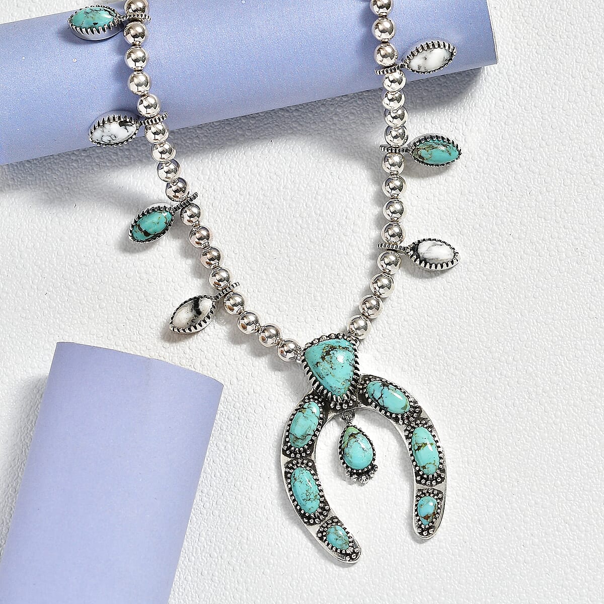 D'Joy Artisan Crafted Premium Blue Moon Turquoise and White Buffalo 21.40 ctw Squash Blossom Necklace in Sterling Silver 18-20 Inches (Del. in 8-10 Days) image number 1