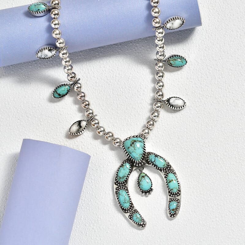 D'Joy Artisan Crafted Premium Blue Moon Turquoise and White Buffalo 21.40 ctw Squash Blossom Necklace in Sterling Silver 18-20 Inches