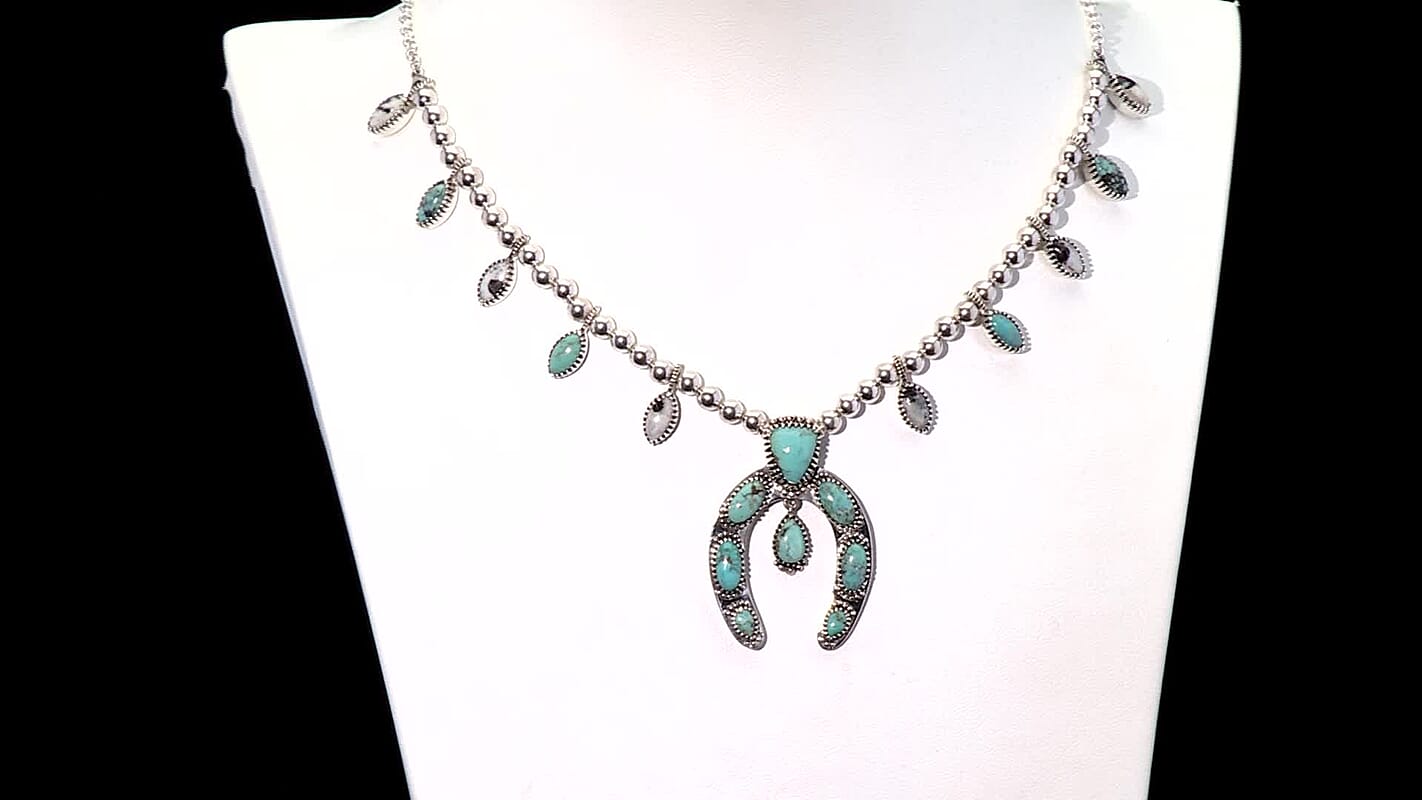 D'Joy Artisan Crafted Premium Blue Moon Turquoise and White Buffalo 21.40 ctw Squash Blossom Necklace in Sterling Silver 18-20 Inches