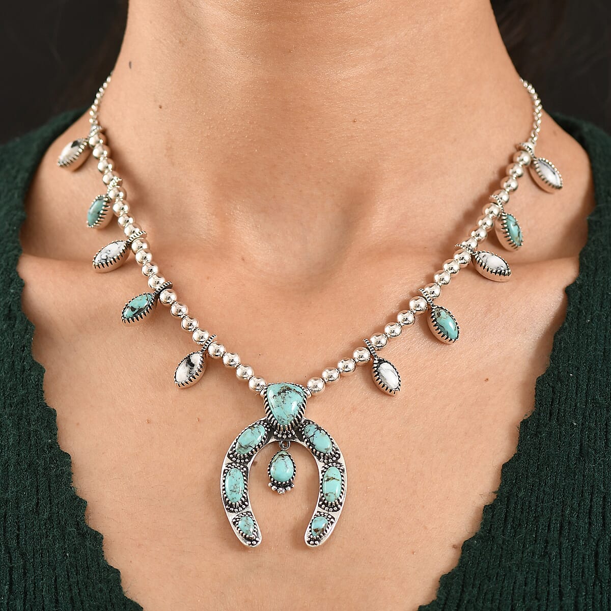D'Joy Artisan Crafted Premium Blue Moon Turquoise and White Buffalo 21.40 ctw Squash Blossom Necklace in Sterling Silver 18-20 Inches (Del. in 8-10 Days) image number 2