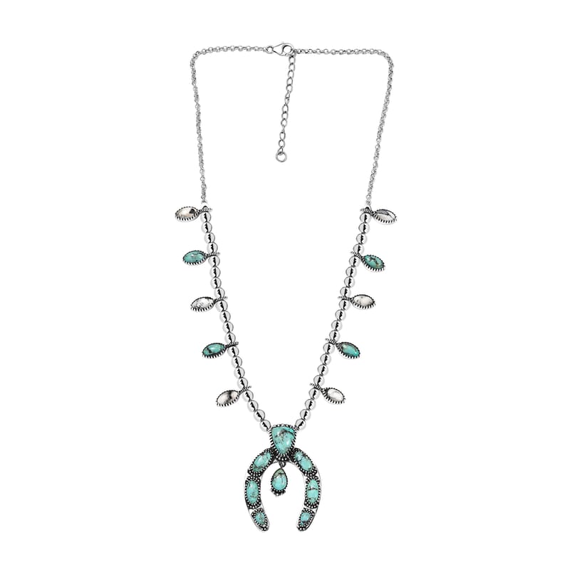 D'Joy Artisan Crafted Premium Blue Moon Turquoise and White Buffalo 21.40 ctw Squash Blossom Necklace in Sterling Silver 18-20 Inches