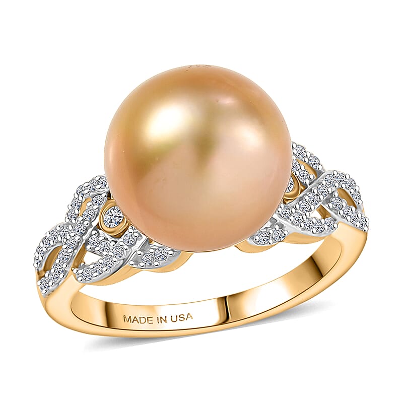 South Sea Golden Cultured Pearl and Luxuriant Lab Grown Diamond G-H SI 0.30 ctw Infinity Weave Ring in 18K Vermeil Yellow Gold Over Sterling Silver (Size 7.0)