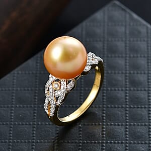 South Sea Golden Cultured Pearl and Luxuriant Lab Grown Diamond G-H SI 0.30 ctw Infinity Weave Ring in 18K Vermeil Yellow Gold Over Sterling Silver (Size 8.0)