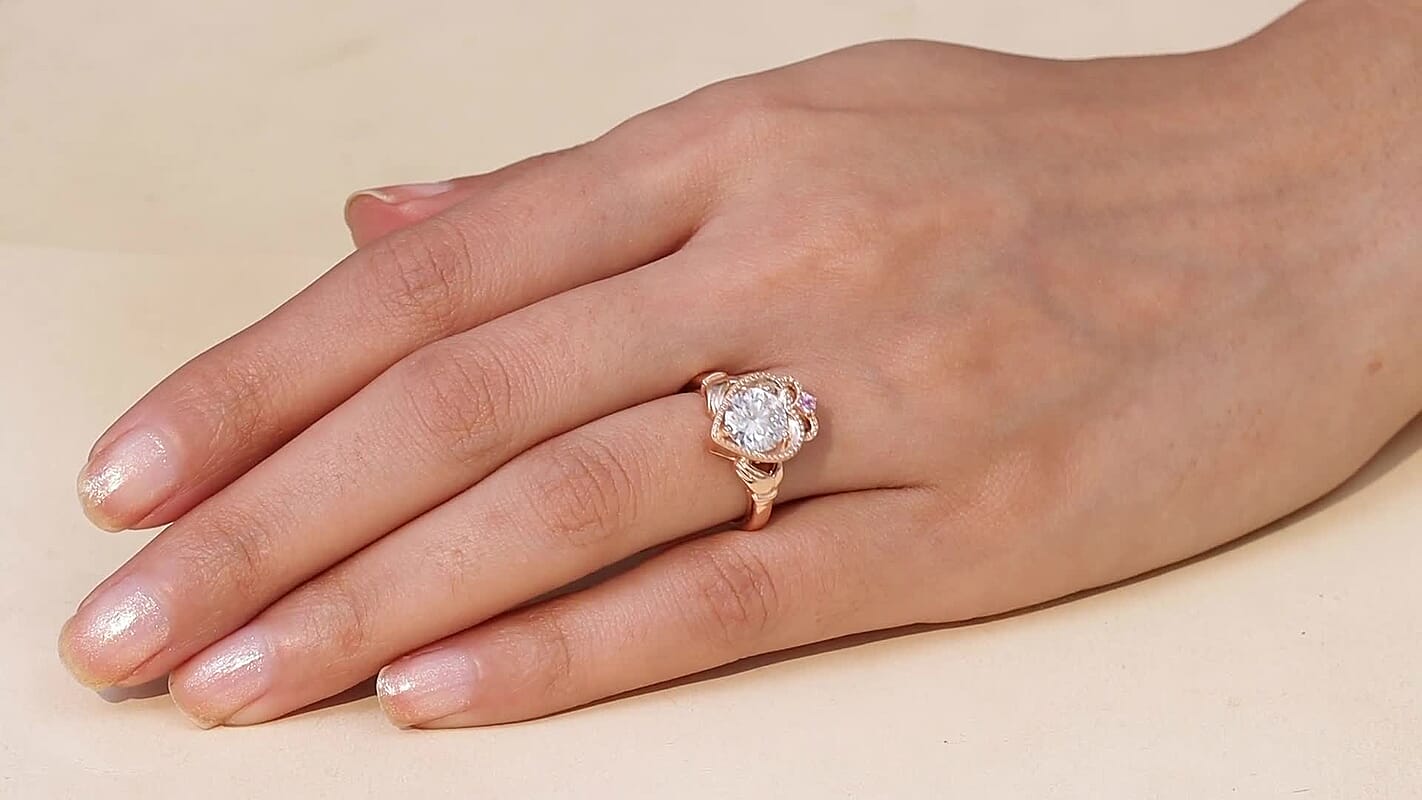 D'Joy Moissanite (Rnd 8mm), Madagascar Pink Sapphire Ring in 18K Vermeil RG Sterling Silver (Size 5.0) 1.85 ctw
