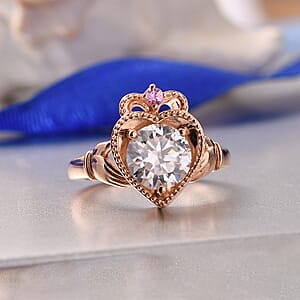 D'Joy Moissanite (Rnd 8mm), Madagascar Pink Sapphire Ring in 18K Vermeil RG Sterling Silver (Size 5.0) 1.85 ctw