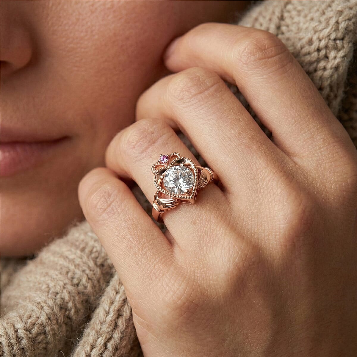 D'Joy Moissanite (Rnd 8mm), Madagascar Pink Sapphire Ring in 18K Vermeil RG Sterling Silver (Size 5.0) 1.85 ctw image number 2