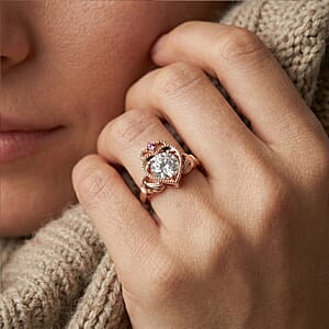 D'Joy Moissanite (Rnd 8mm), Madagascar Pink Sapphire Ring in 18K Vermeil RG Sterling Silver (Size 5.0) 1.85 ctw