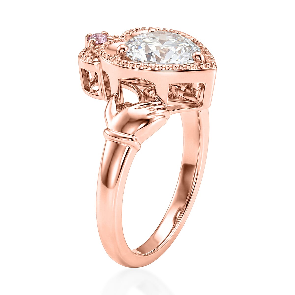 D'Joy Moissanite (Rnd 8mm), Madagascar Pink Sapphire Ring in 18K Vermeil RG Sterling Silver (Size 5.0) 1.85 ctw image number 3