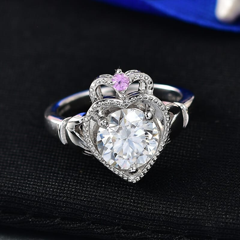 D'Joy Moissanite and Madagascar Pink Sapphire 1.85 ctw Ring in Rhodium Over Sterling Silver (Size 6.0)