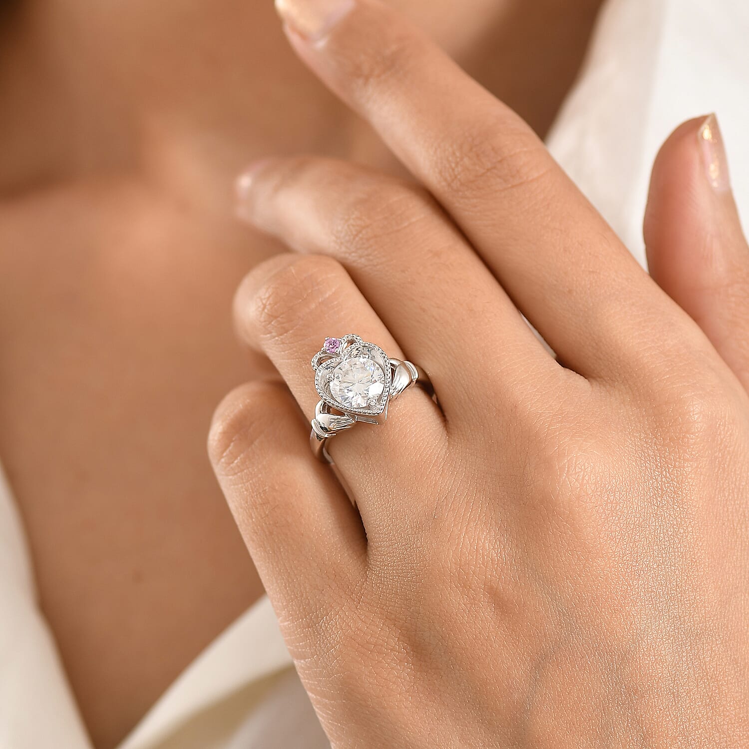 D'Joy Moissanite and Madagascar Pink Sapphire 1.85 ctw Ring in Rhodium Over Sterling Silver (Size 6.0)