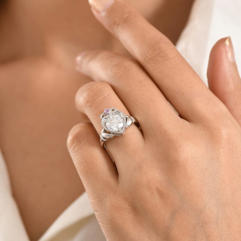 D'Joy Moissanite and Madagascar Pink Sapphire 1.85 ctw Ring in Rhodium Over Sterling Silver (Size 6.0)