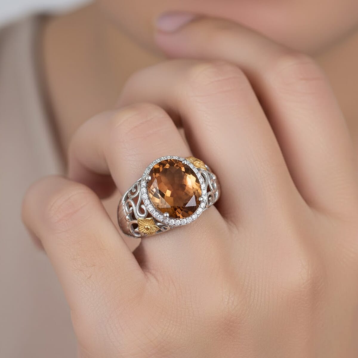 EverTrue Autumn Alexite and White Zircon 4.90 ctw Maple Majesty Ring in 18K YG Plated and Platinum Bond (Size 10.0) image number 2