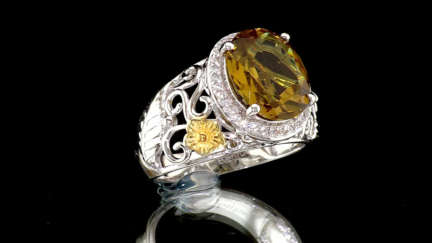 EverTrue Autumn Alexite, White Zircon Ring in 18K YG Plated and Platinum Bond (Size 10.0) 4.90 ctw