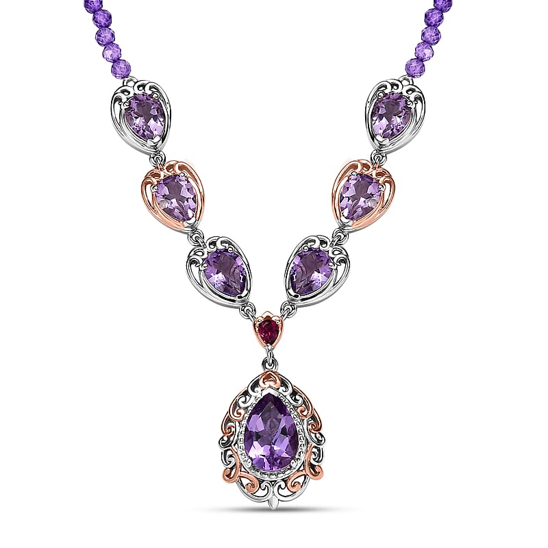 EverTrue Rose De France Amethyst and Multi Gemstone 37.60 ctw Twilight Empress Necklace in 18K RG Plated and Platinum Bond 18-20 Inches