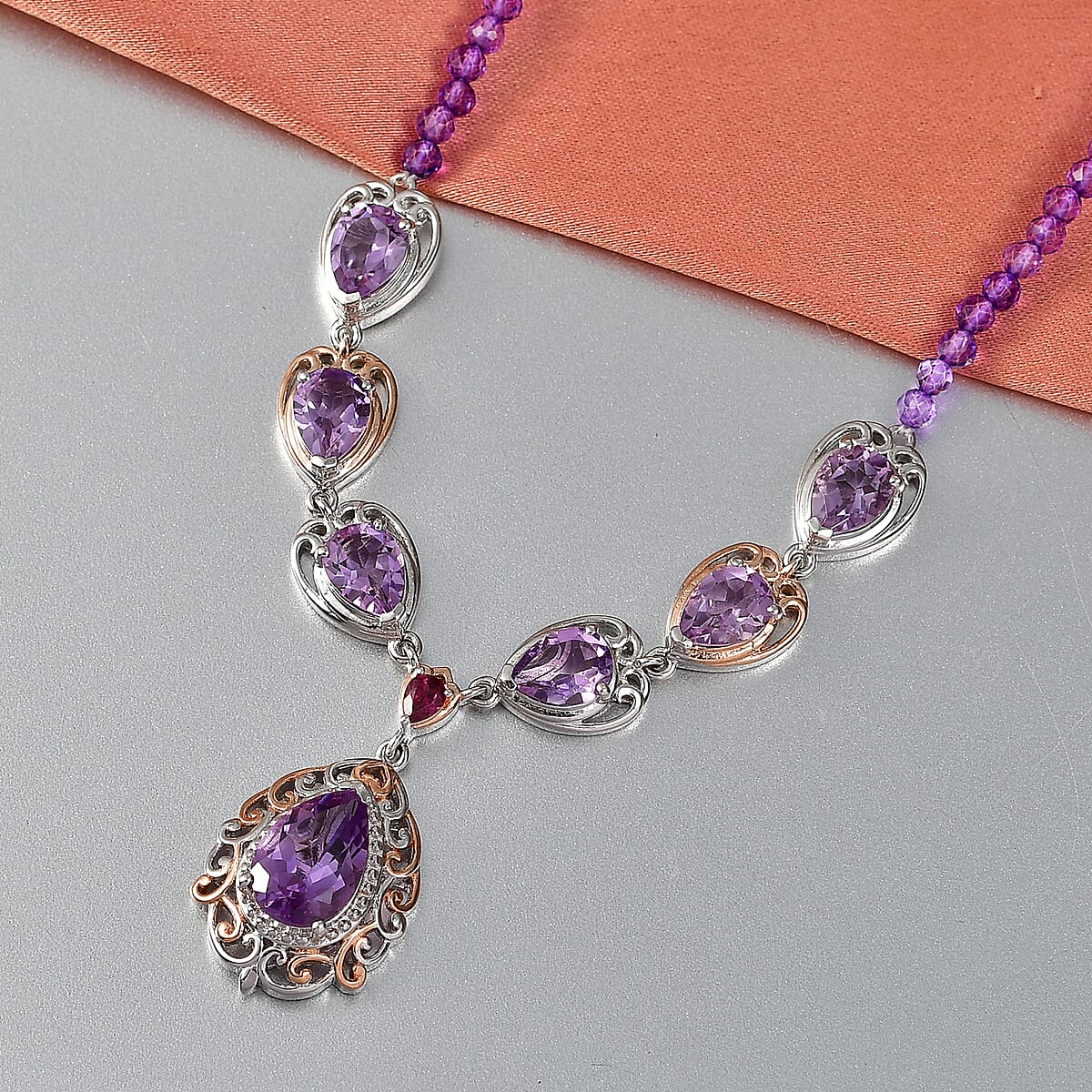 EverTrue Rose De France Amethyst and Multi Gemstone 37.60 ctw Twilight Empress Necklace in 18K RG Plated and Platinum Bond 18-20 Inches image number 1