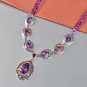 EverTrue Rose De France Amethyst and Multi Gemstone 37.60 ctw Twilight Empress Necklace in 18K RG Plated and Platinum Bond 18-20 Inches