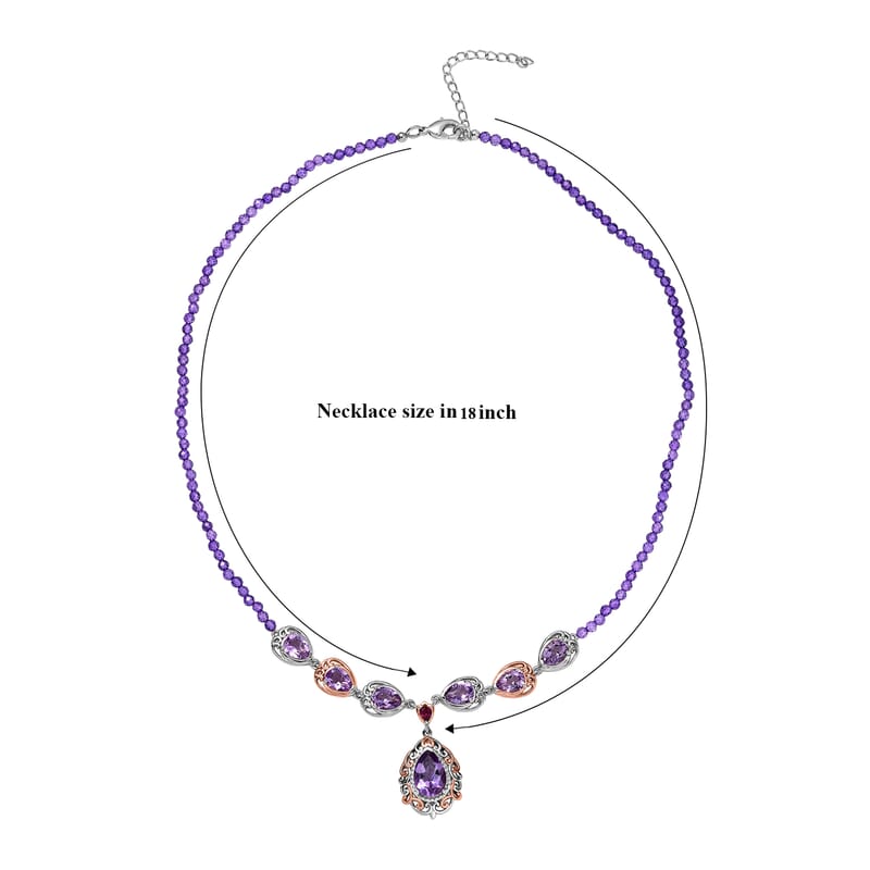 EverTrue Rose De France Amethyst and Multi Gemstone 37.60 ctw Twilight Empress Necklace in 18K RG Plated and Platinum Bond 18-20 Inches