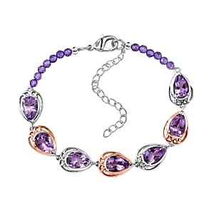 EverTrue Rose De France Amethyst and African Amethyst Beaded 11.40 ctw Traveling Pear-Shape Bracelet in 18K RG Plated and Platinum Bond (6.50 In)