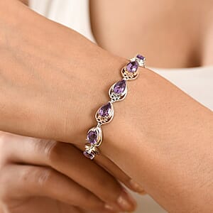EverTrue Rose De France Amethyst and African Amethyst Beaded 11.40 ctw Traveling Pear-Shape Bracelet in 18K RG Plated and Platinum Bond (6.50 In)
