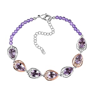 EverTrue Rose De France Amethyst and African Amethyst Beaded 12.20 ctw Traveling Pear-Shape Bracelet in 18K RG Plated and Platinum Bond (7.25 In)