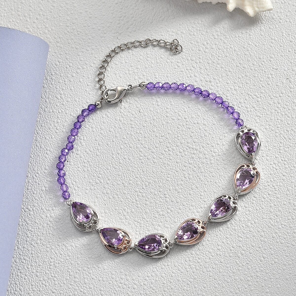 EverTrue Rose De France Amethyst and African Amethyst Beaded 12.20 ctw Traveling Pear-Shape Bracelet in 18K RG Plated and Platinum Bond (7.25 In) image number 1