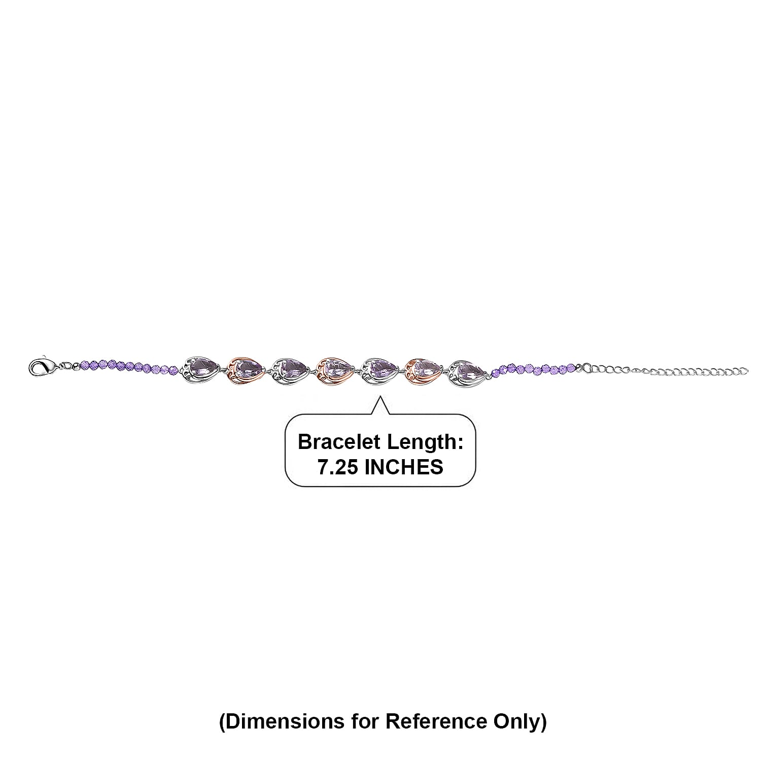 EverTrue Rose De France Amethyst and African Amethyst Beaded 12.20 ctw Traveling Pear-Shape Bracelet in 18K RG Plated and Platinum Bond (7.25 In)