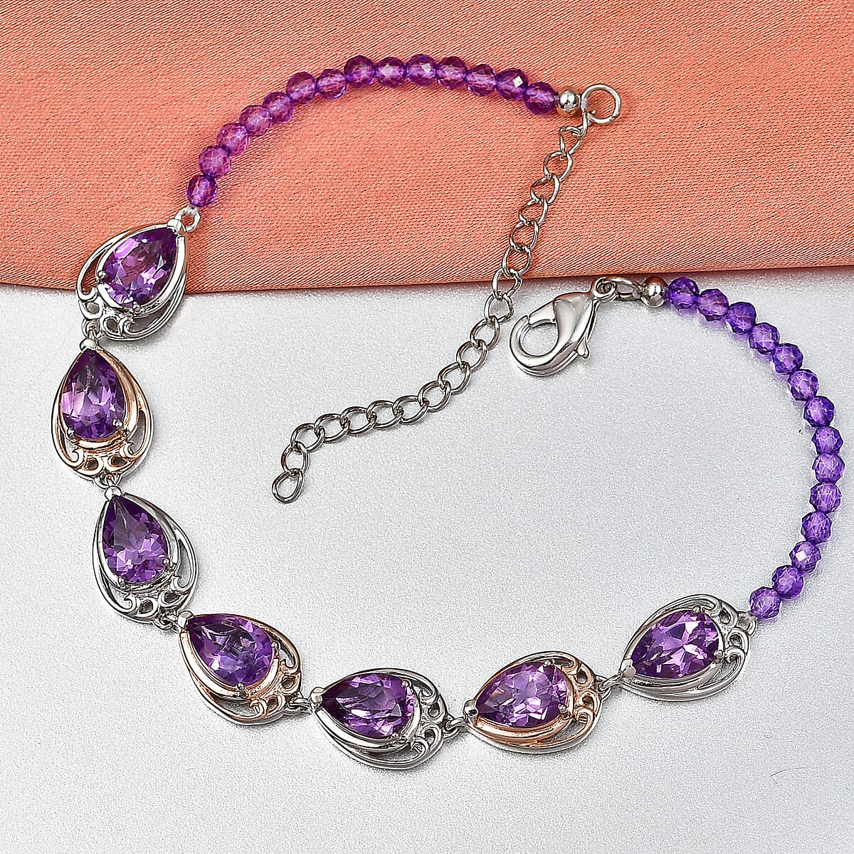 EverTrue Rose De France Amethyst and Amethyst Beaded 14.50 ctw Traveling Pear-Shape Bracelet in 18K RG Plated and Platinum Bond (8.00 In) image number 1