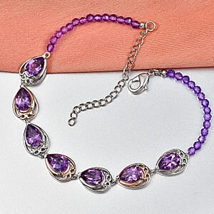 EverTrue Rose De France Amethyst and Amethyst Beaded 14.50 ctw Traveling Pear-Shape Bracelet in 18K RG Plated and Platinum Bond (8.00 In)