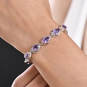 EverTrue Rose De France Amethyst and Amethyst Beaded 14.50 ctw Traveling Pear-Shape Bracelet in 18K RG Plated and Platinum Bond (8.00 In)
