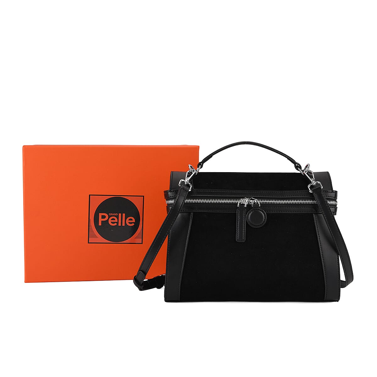 The Grand Pelle Black Genuine Leather Crossbody Bag with Shoulder Strap