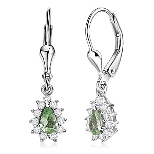 D'Joy Premium Tanzanian Mint Garnet and White Zircon 0.90 ctw Pear Sunburst Halo Earrings in Rhodium Over Sterling Silver