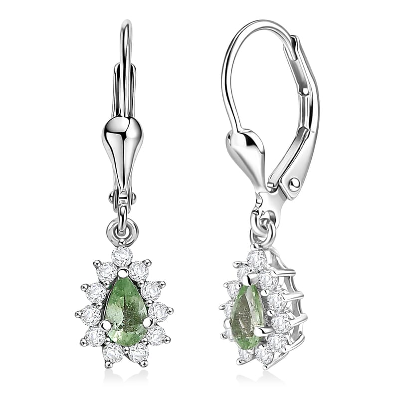 D'Joy Premium Tanzanian Mint Garnet and White Zircon 0.90 ctw Pear Sunburst Halo Earrings in Rhodium Over Sterling Silver