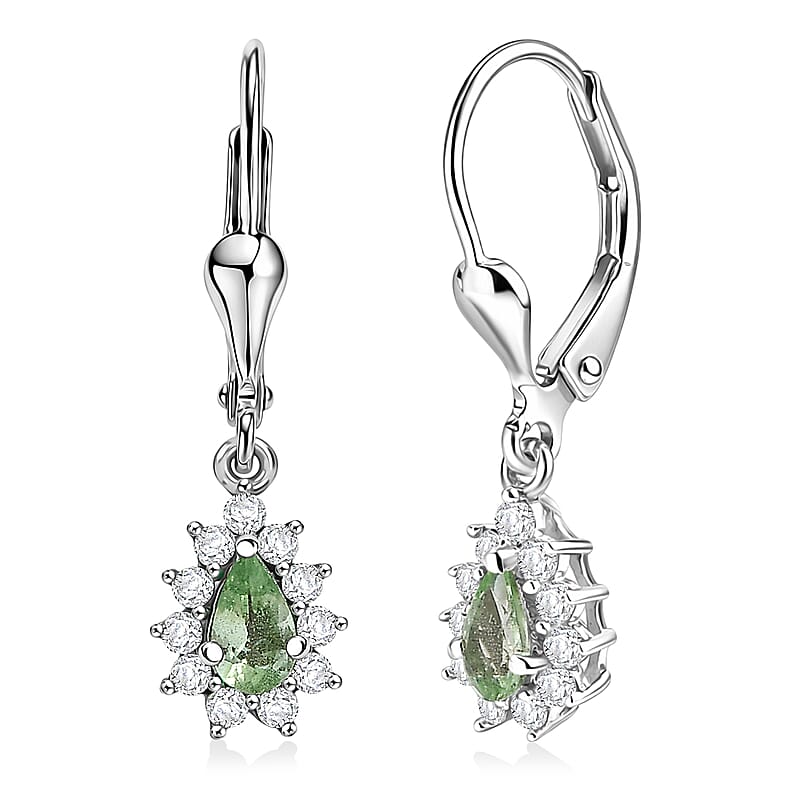 D'Joy Premium Tanzanian Mint Garnet and White Zircon 0.90 ctw Pear Sunburst Halo Earrings in Rhodium Over Sterling Silver