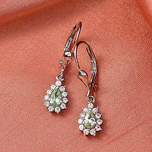 D'Joy Premium Tanzanian Mint Garnet and White Zircon 0.90 ctw Pear Sunburst Halo Earrings in Rhodium Over Sterling Silver
