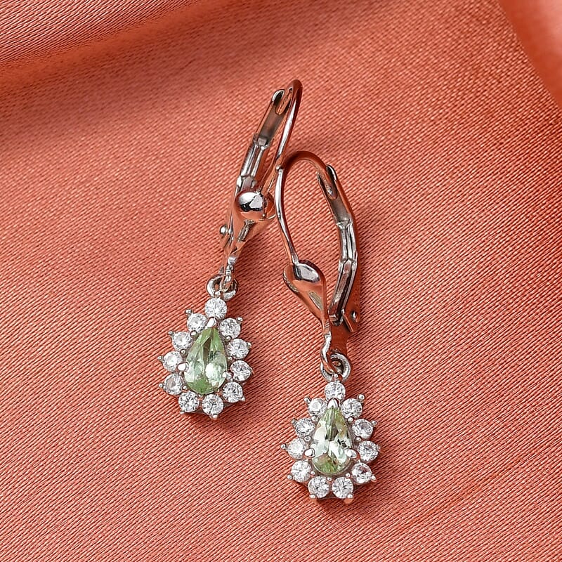 D'Joy Premium Tanzanian Mint Garnet and White Zircon 0.90 ctw Pear Sunburst Halo Earrings in Rhodium Over Sterling Silver