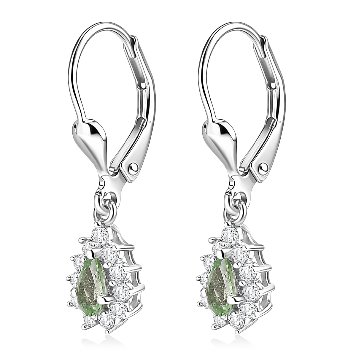 D'Joy Premium Tanzanian Mint Garnet and White Zircon 0.90 ctw Pear Sunburst Halo Earrings in Rhodium Over Sterling Silver image number 3