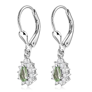D'Joy Premium Tanzanian Mint Garnet and White Zircon 0.90 ctw Pear Sunburst Halo Earrings in Rhodium Over Sterling Silver
