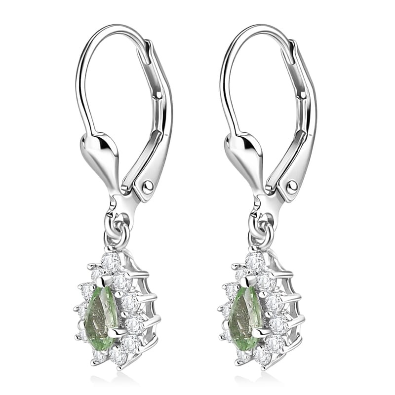 D'Joy Premium Tanzanian Mint Garnet and White Zircon 0.90 ctw Pear Sunburst Halo Earrings in Rhodium Over Sterling Silver