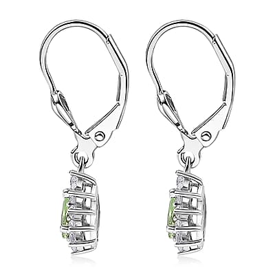 D'Joy Premium Tanzanian Mint Garnet and White Zircon 0.90 ctw Pear Sunburst Halo Earrings in Rhodium Over Sterling Silver