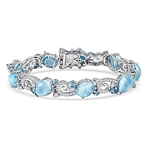 D'Joy AAA Larimar and Multi Gemstone 23.20 ctw Tidal Symphony Bracelet in Rhodium Over Sterling Silver (6.50 In)