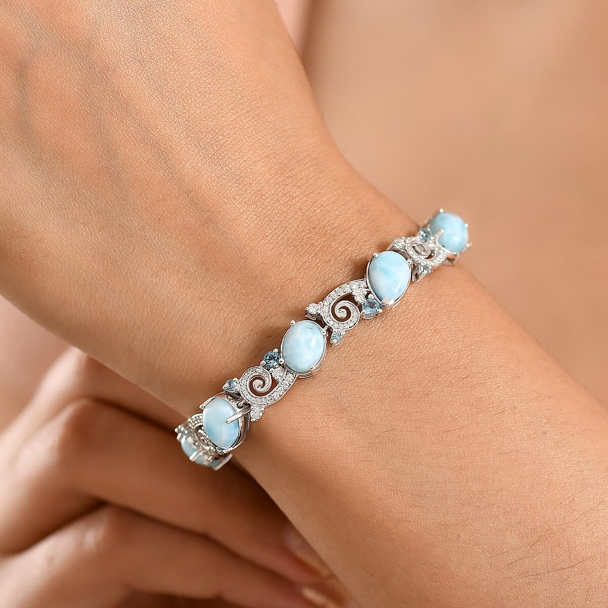 D'Joy AAA Larimar and Multi Gemstone 23.20 ctw Tidal Symphony Bracelet in Rhodium Over Sterling Silver (6.50 In) image number 2