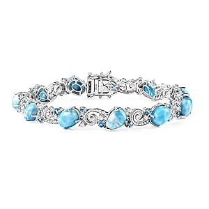 D'Joy AAA Larimar and Multi Gemstone 25.50 ctw Tidal Symphony Bracelet in Rhodium Over Sterling Silver (7.25 In)