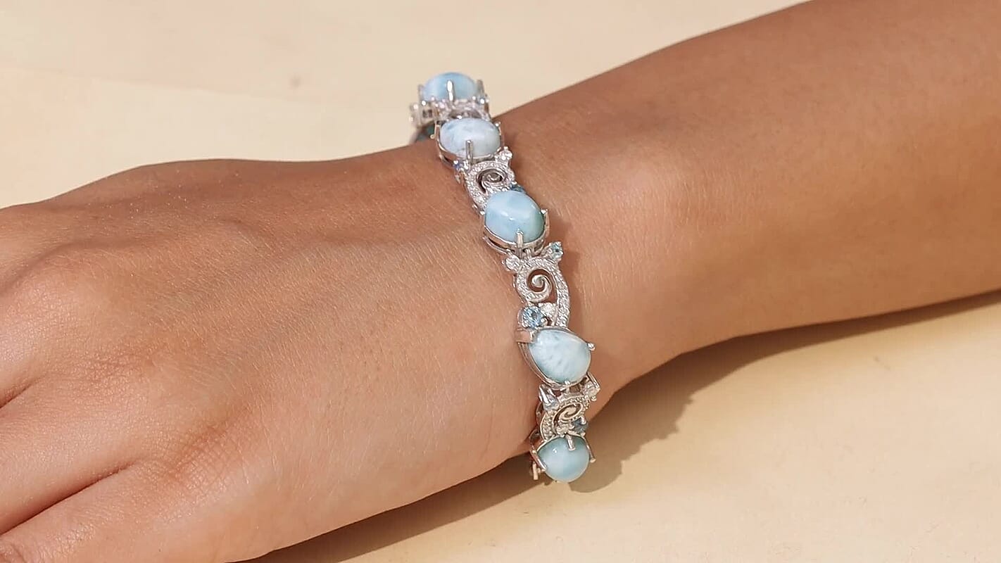 D'Joy AAA Larimar, Multi Gemstone Tidal Symphony Bracelet in Rhodium Over Sterling Silver (6.50 In) 23.20 ctw
