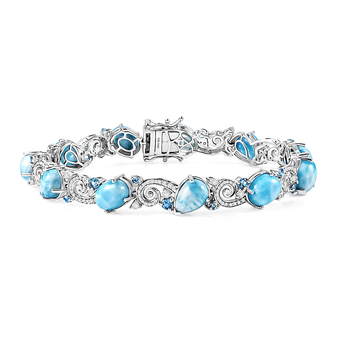 D'Joy AAA Larimar, Multi Gemstone Tidal Symphony Bracelet in Rhodium Over Sterling Silver (6.50 In) 23.20 ctw